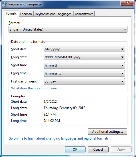 Windows date, time, and number format dialog box