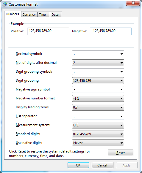 Windows 7 Customize Format dialog box